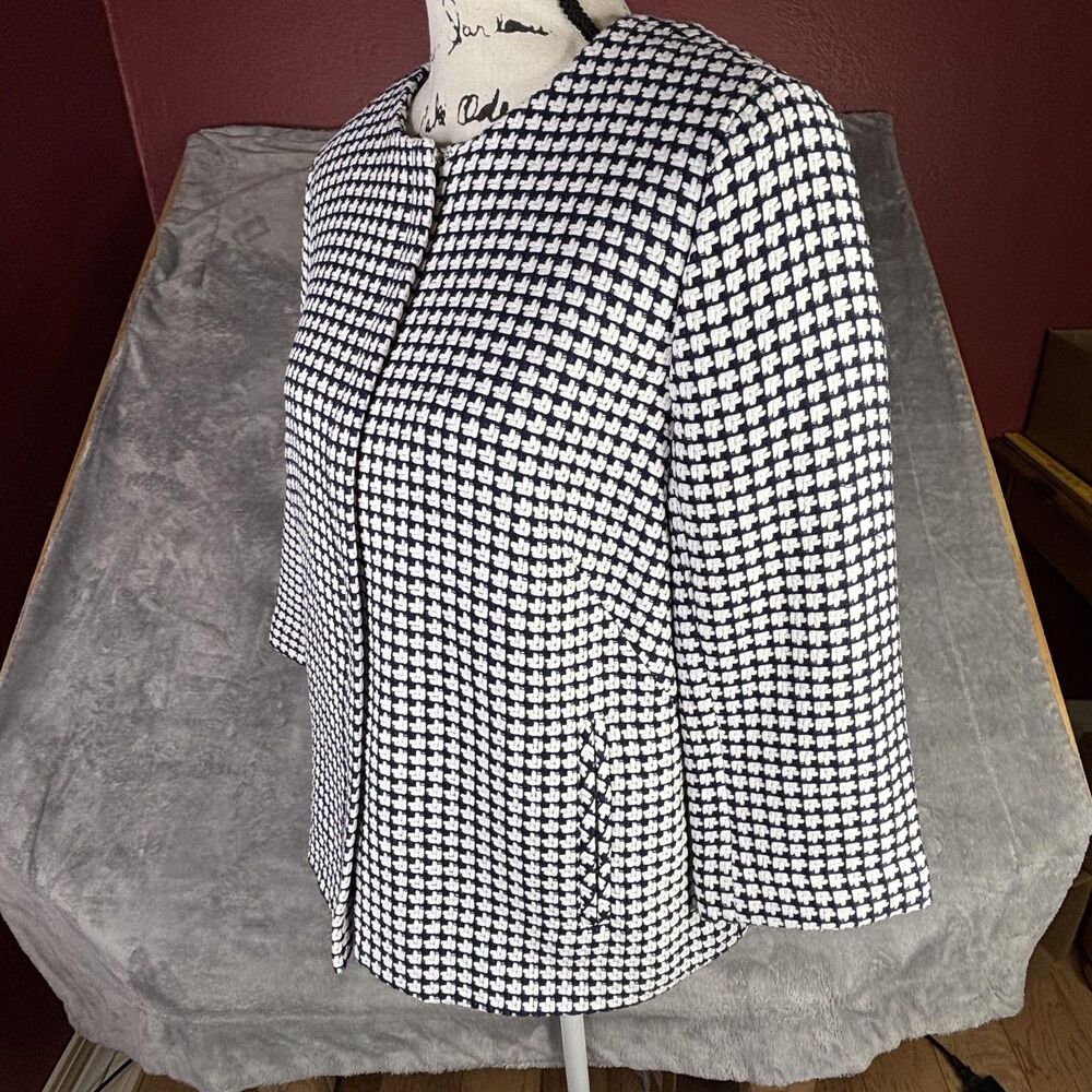 Talbots‎ Jacket Womens 12P Blue Tweed Geometric Full Zip Collarless 3/4 Sleeve